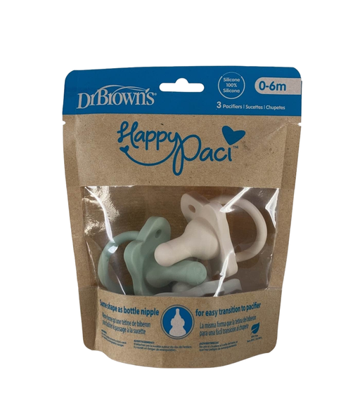 used Dr. Brown's HappyPaci Silicone Pacifiers, 3 pack, Green, Cream, Grey