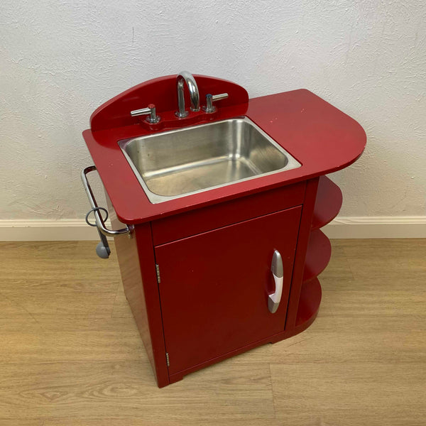 Pottery Barn kids Retro red kitchen set- includes refrigerator, sink, oven  and 4 stainless steel PBK small kitchen appliances. for Sale in Olathe, KS  - OfferUp