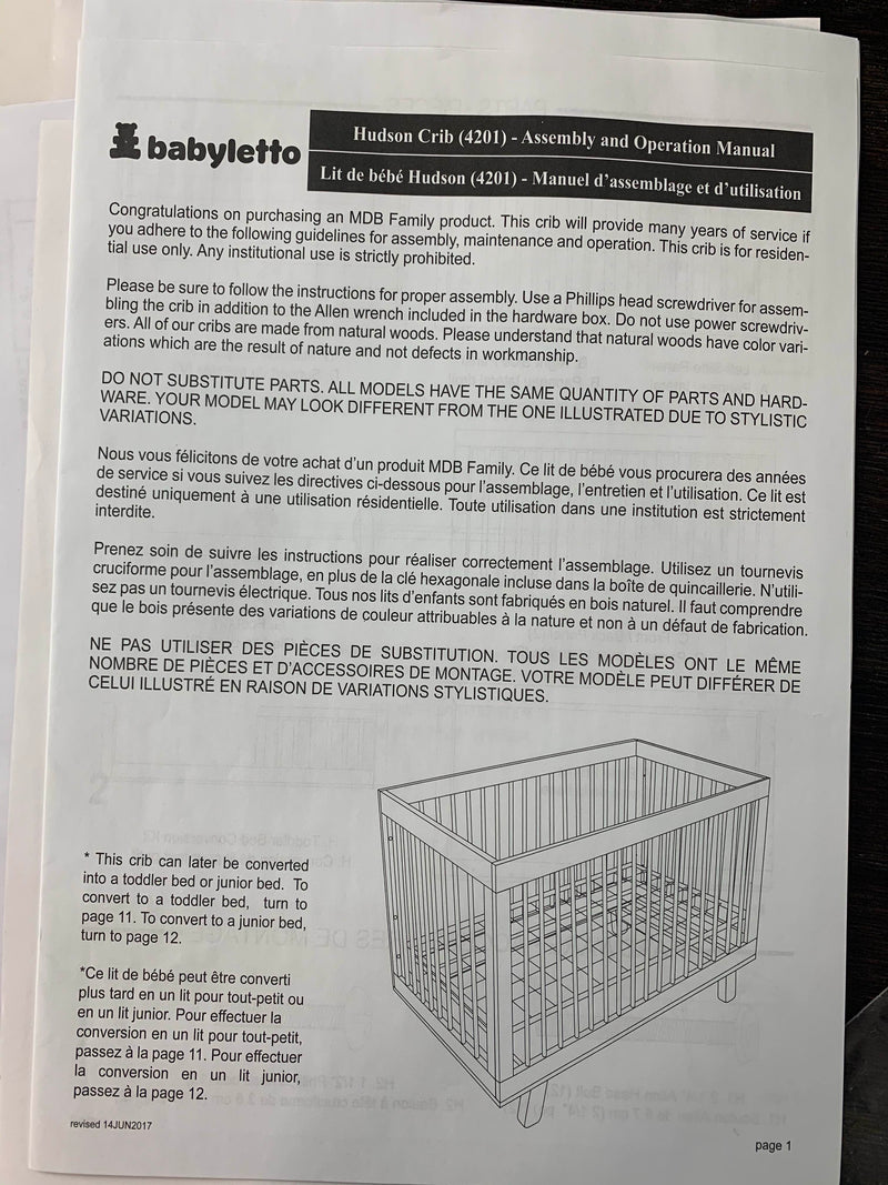 Babyletto Hudson 3in1 Convertible Crib, 2017, With Mattress