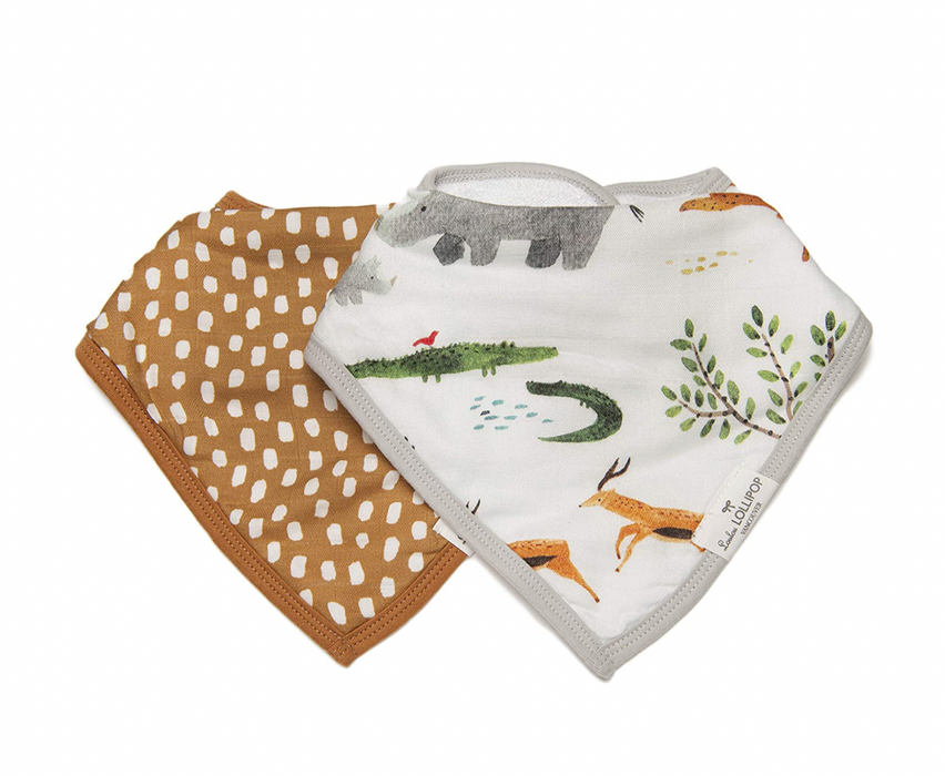 LouLou Lollipop Muslin Bandana Bibs, 2 Pack, Safari Jungle