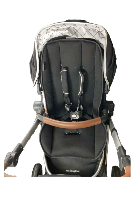 Mockingbird Double Stroller, Black, 2020, Windowpane, Silver with Brown Leather