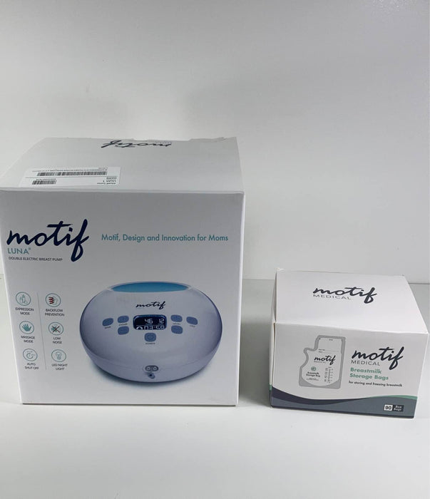 used Motif Medical Luna Double Electric Breast Pump With Battery, with Milk Storage Bags