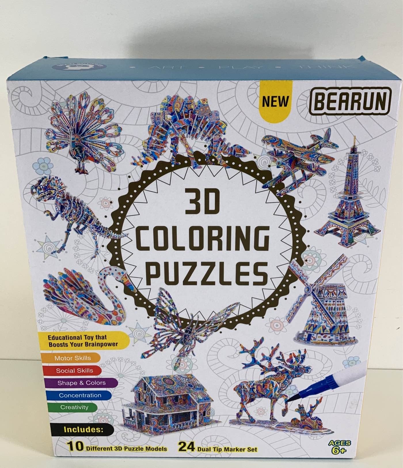 BEARUN 3D Coloring Puzzle Set, Arts and Crafts for Girls and Boys Age 6 7 8  9 10 11 12 Year Old, Fun Educational Painting Crafts Kit with Supplies for