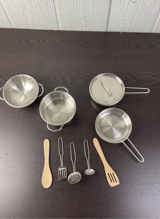 used Melissa & Doug Stainless Steel Pots And Pans Pretend Play Kitchen Set