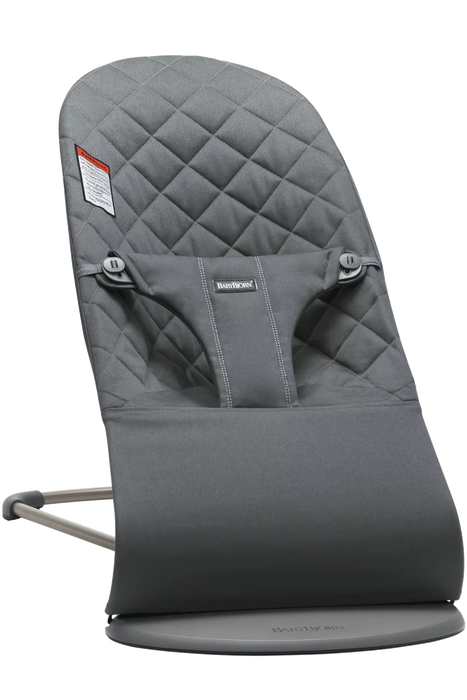 used BabyBjorn Bouncer Bliss, Anthracite Cotton Classic Quilt, Dark Gray Frame, with toy bar