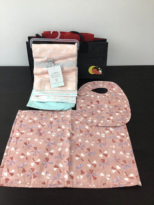 used BUNDLE Diaper Organizer With Receiving Blankets, Placemat & Bib Set