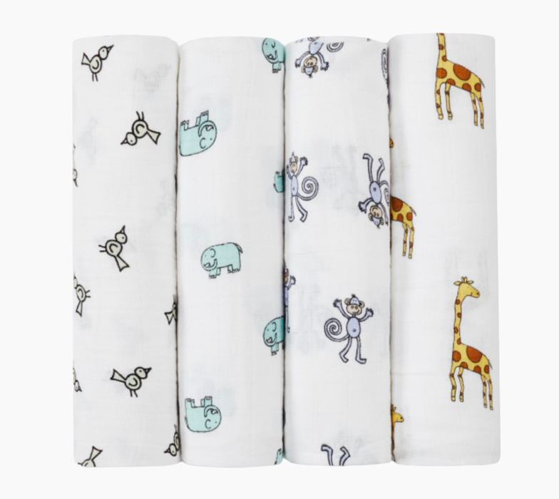 used Aden + Anais Cotton Muslin Swaddle, 4pk, Jungle Jam