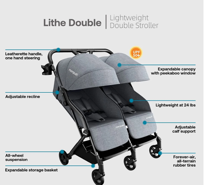 Mompush Lithe Double Stroller, 2021, Grey